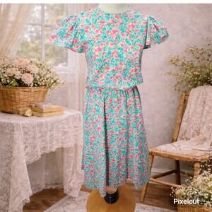 70s Floral Shirtwaist Dress S Pink Blue Cottagecore Elastic Waist